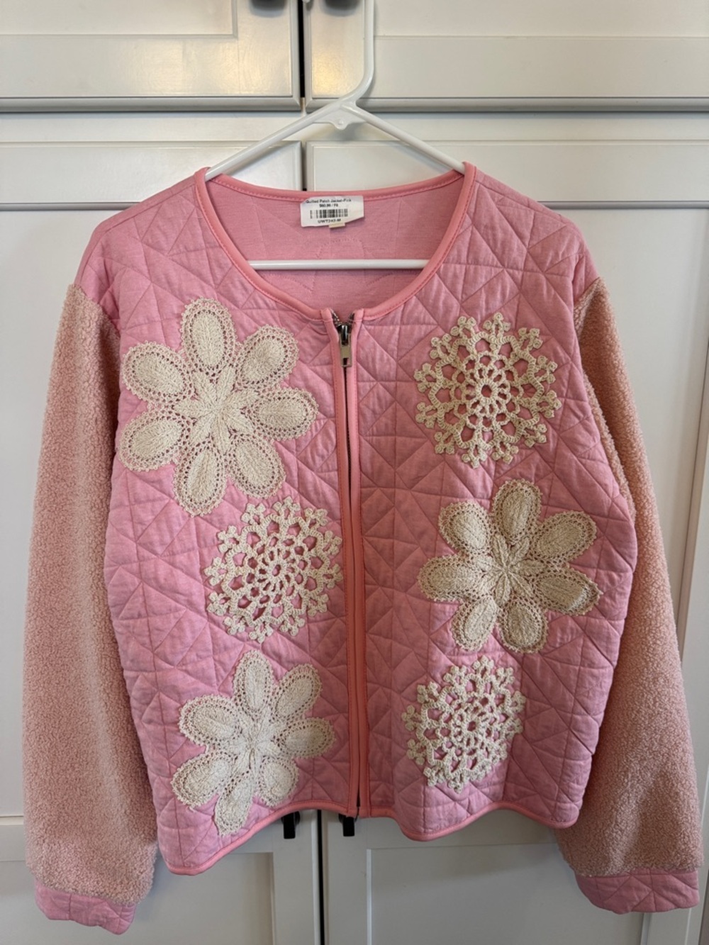 POL Pink Quilted Jacket with Cream Crochet Appliqués